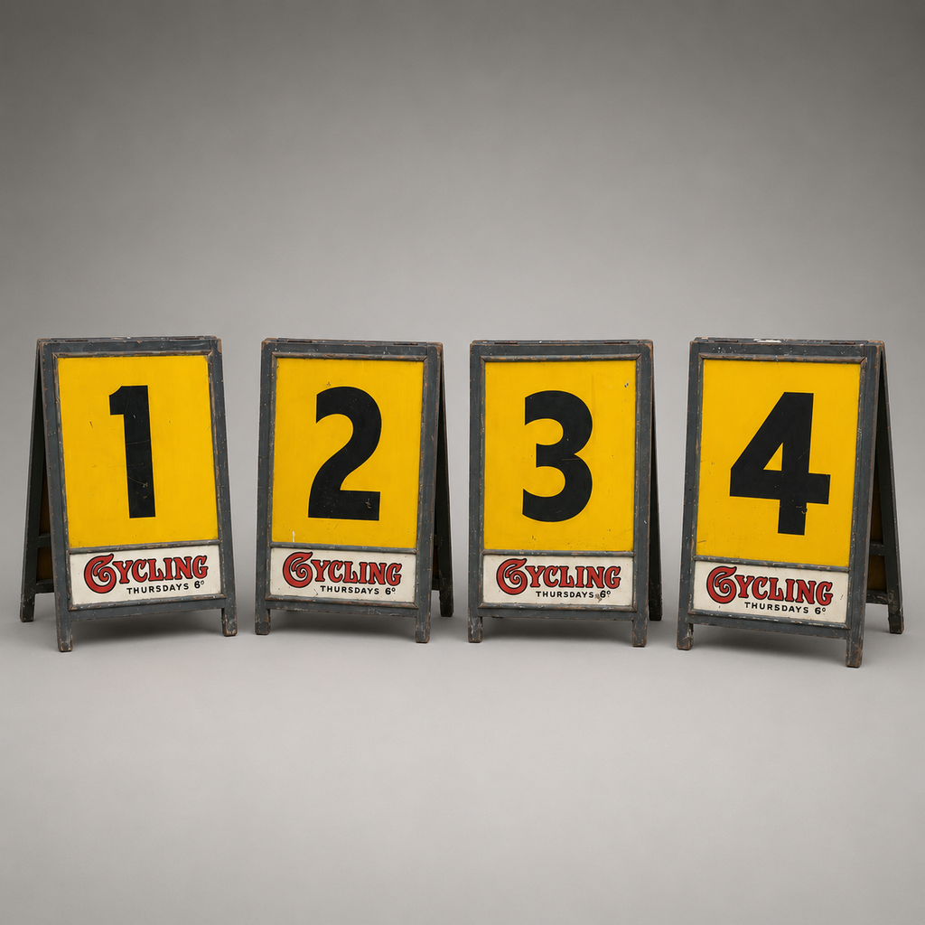 A complete set of Cycling Magazine sponsored Velodrome lap boards